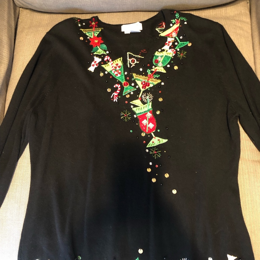 Christmas sweater, FABULOUS xl black beaded with cocktails